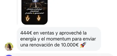 Mensaje de un asistente sobre sus ventas en Infinity
