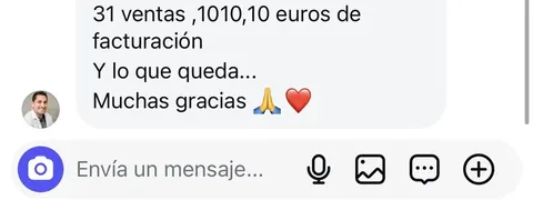 Mensaje de un asistente sobre sus ventas en Infinity