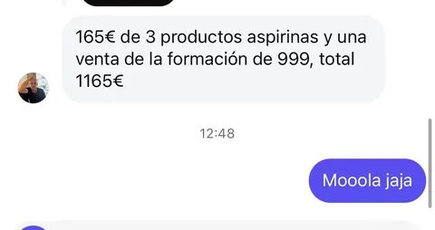 Mensaje de un asistente sobre sus ventas en Infinity