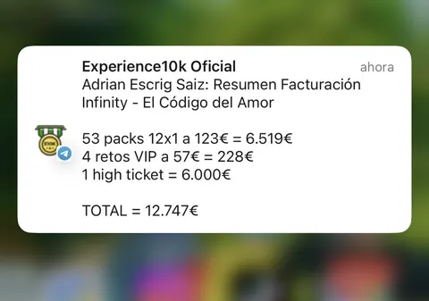 Mensaje de un asistente sobre sus ventas en Infinity