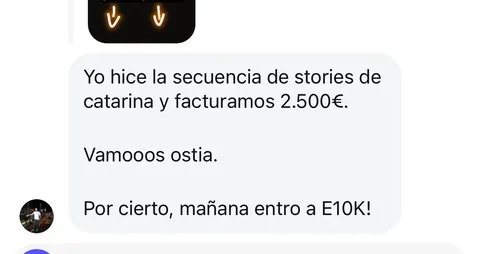 Mensaje de un asistente sobre sus ventas en Infinity