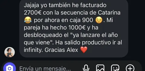 Mensaje de un asistente sobre sus ventas en Infinity