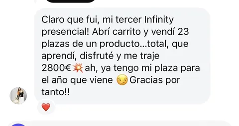 Mensaje de un asistente sobre sus ventas en Infinity