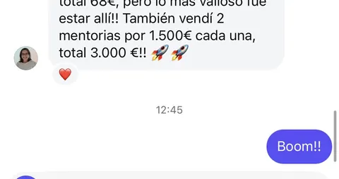 Mensaje de un asistente sobre sus ventas en Infinity