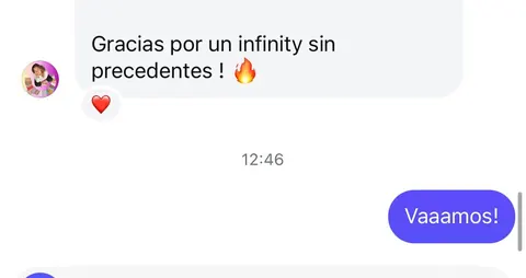 Mensaje de un asistente sobre sus ventas en Infinity
