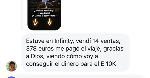 Mensaje de un asistente sobre sus ventas en Infinity