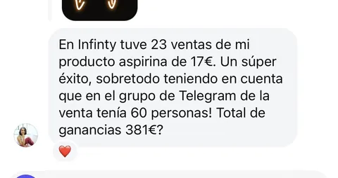 Mensaje de un asistente sobre sus ventas en Infinity
