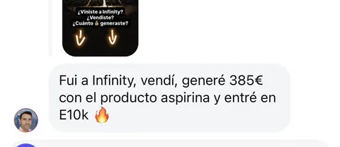 Mensaje de un asistente sobre sus ventas en Infinity