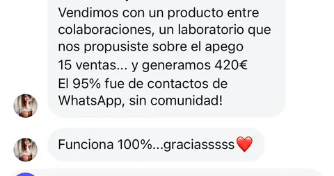 Mensaje de un asistente sobre sus ventas en Infinity