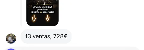 Mensaje de un asistente sobre sus ventas en Infinity
