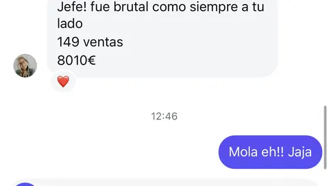 Mensaje de un asistente sobre sus ventas en Infinity