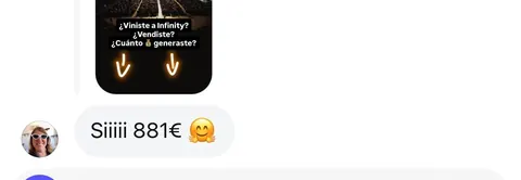 Mensaje de un asistente sobre sus ventas en Infinity