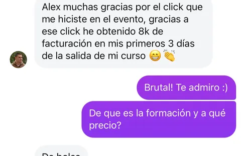 Mensaje de un asistente sobre sus ventas en Infinity