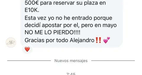 Mensaje de un asistente sobre sus ventas en Infinity