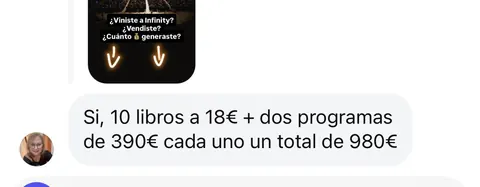 Mensaje de un asistente sobre sus ventas en Infinity