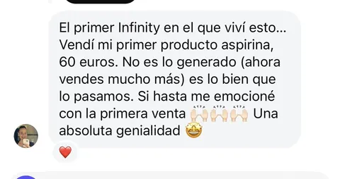 Mensaje de un asistente sobre sus ventas en Infinity
